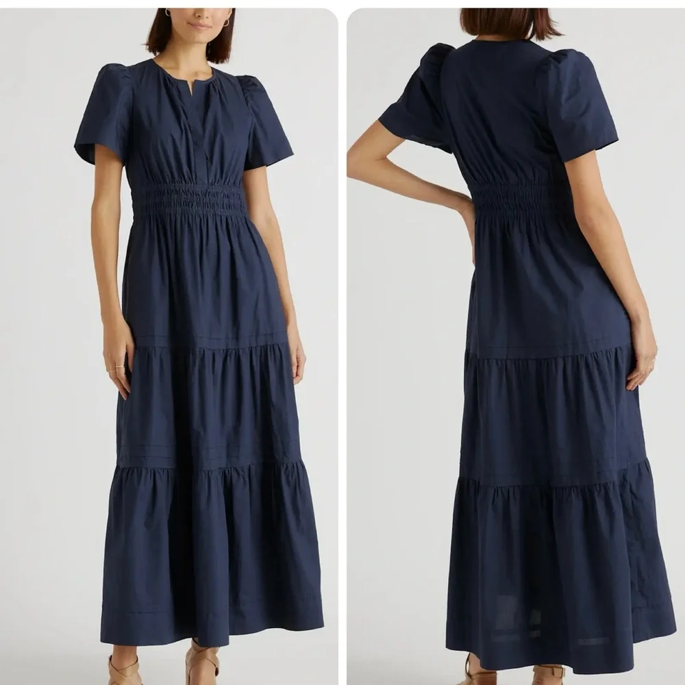 NEW Quince 100% Organic Cotton Poplin Tiered V-Neck Short Sleeve Maxi Dress sz S - Picture 1 of 13